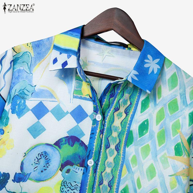 ZANZEA Camicie da Donna Casual con Collo a Revers, Manica Lunga, Bottoni Stampati, Vestibilità Larga