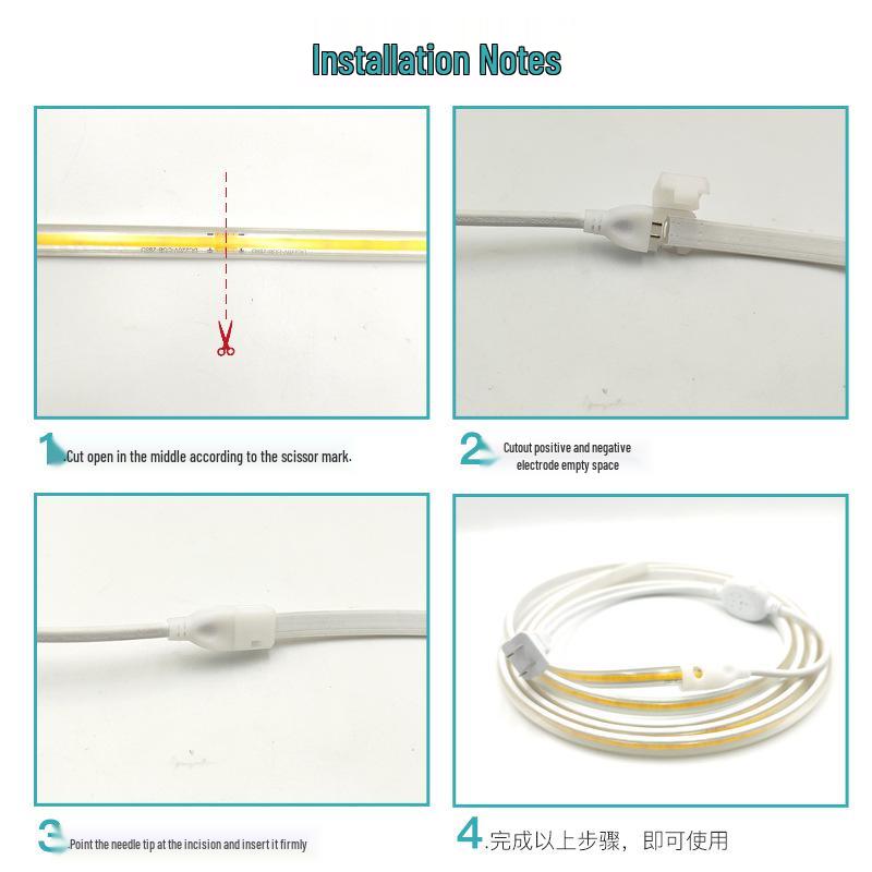 220V Waterproof Driverless COB LED Strip Light, Self-Adhesive for Outdoor, Home, and Ceiling Décor.
