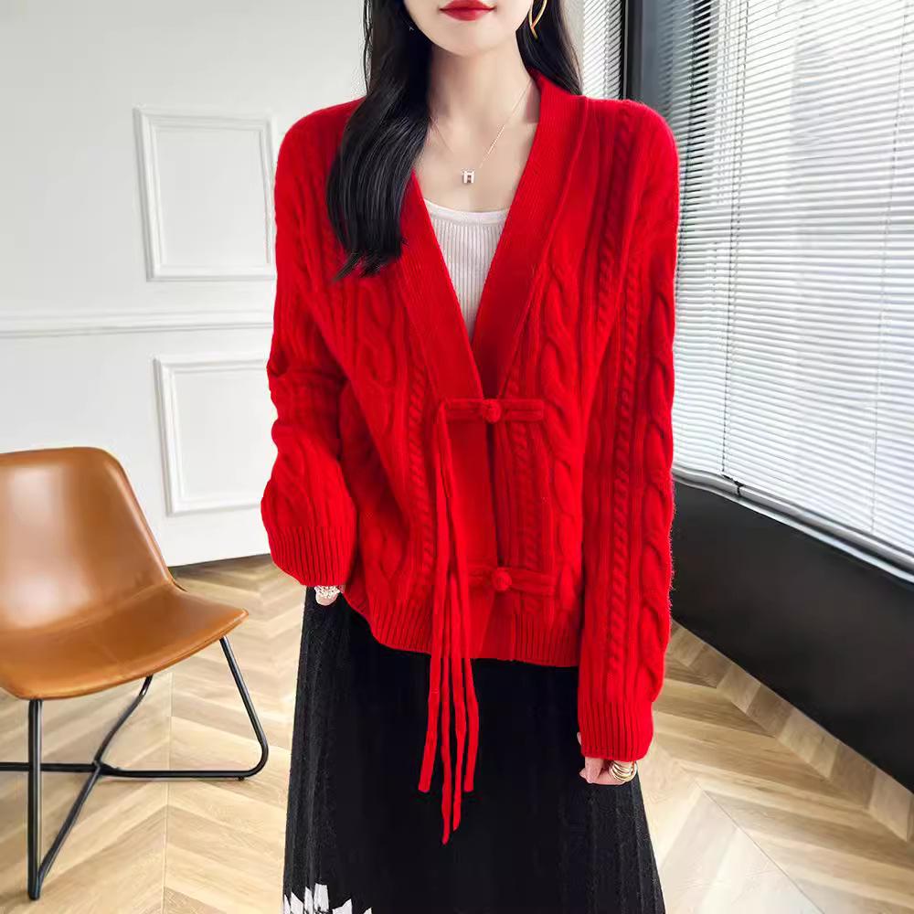Autumn Women's V-neck Frog Button Wool Cardigan - Chinese Style Knitwear Jacket