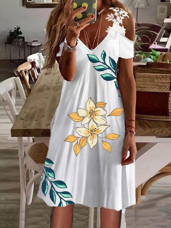 Sommer schulterfrei Blumendruck Sexy Spitze Sommerkleid Damen Lässig Strand Urlaubs Kleid Kurzarm Vestidos Mode Damen