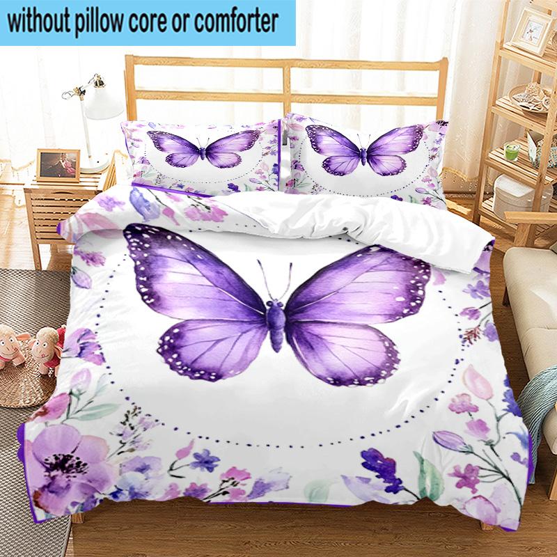 Purple Butterfly Dreams 3pcs Bedding,Including 1pc Duvet Cover And 2pcs Pillowcases Perfect for Christmas,Ideal for Bedroom, Dormitory