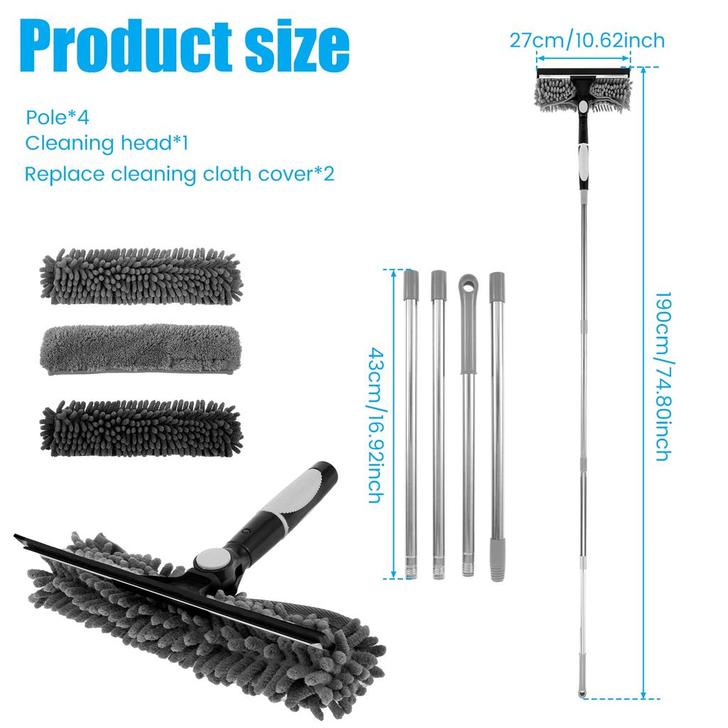2 in 1 Window Squeegee Kit Lengthened Glass Cleaner Tool Rotatable Telescopic Window Washing Kit for Shower Glass Door Mirrors