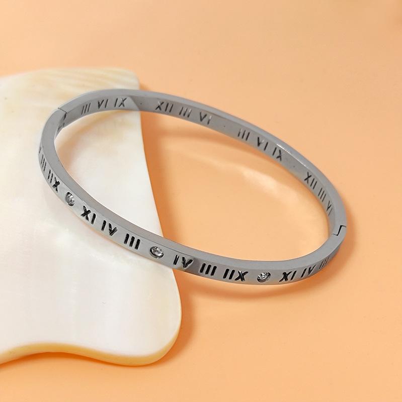 Roman Numeral Rhinestone Bangle Titanium Steel Fade Resistant Bracelet for Women Minimalist Luxe Gift for Friends