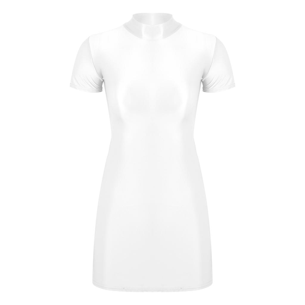 Womens Glossy Mock Neck Bodycon Dress Short Sleeve Stretchy Fabric Nightclub Party Mini Dress