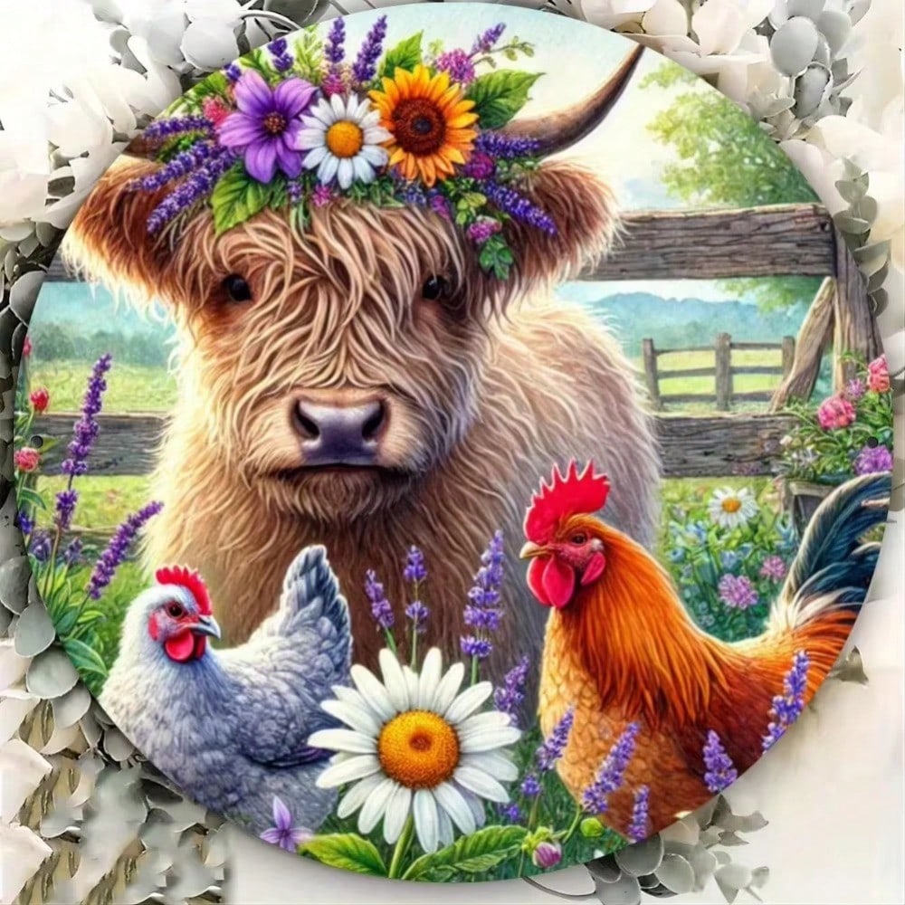 Vintage Highland Cow And Chicken Metal Wall Sign Decor Waterproof Rustproof Farmhouse Art Tin Plaque Home Garden Indoor Outdoor Decoration