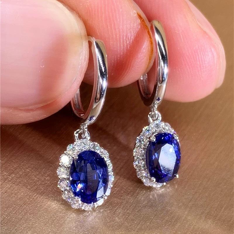 Oval Blue/Red Cubic Zirconia Dangle Earrings for Women Luxury Silver Color Wedding Accessories Elegant Lady Trend Jewelry