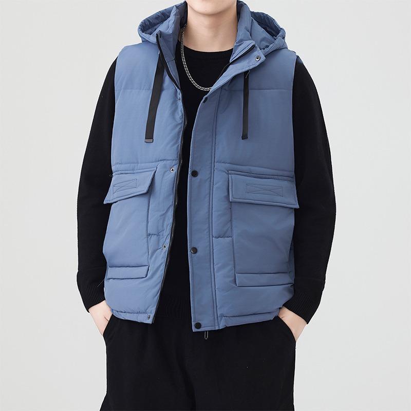 

Мужской кардиган без рукавов на пуговицах и молнии, однотонный, с капюшоном, модный, повседневный, свободного кроя, куртка-топ L синий