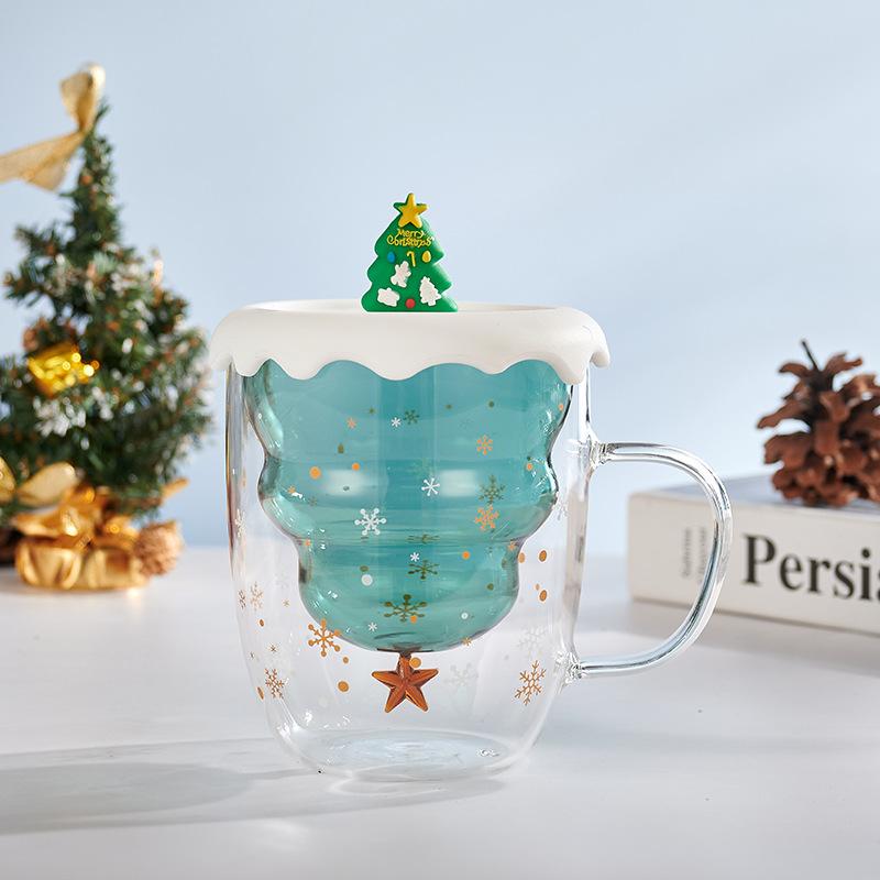 YWDL Creative Christmas Tree Glass Cup With Lid Coffee Mug Double Wall Transparent Coffee Milk Mug Christmas Gifts Cups For Girl