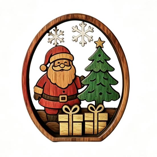 Desktop Standing Xmas Ornaments 3Pcs Christmas Santa Claus And Tree Ornaments, Wooden Oval Table Tiered Tray Holiday Displays Centerpiece, Solid Wood