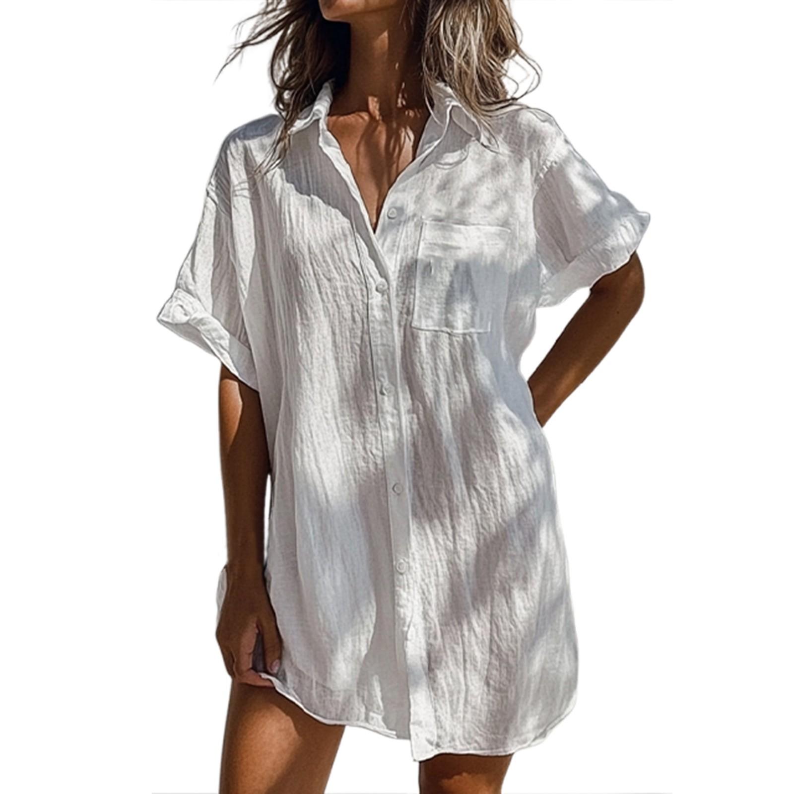 

Женское модное повседневное однотонное платье с коротким рукавом и длинными пуговицами XL белый