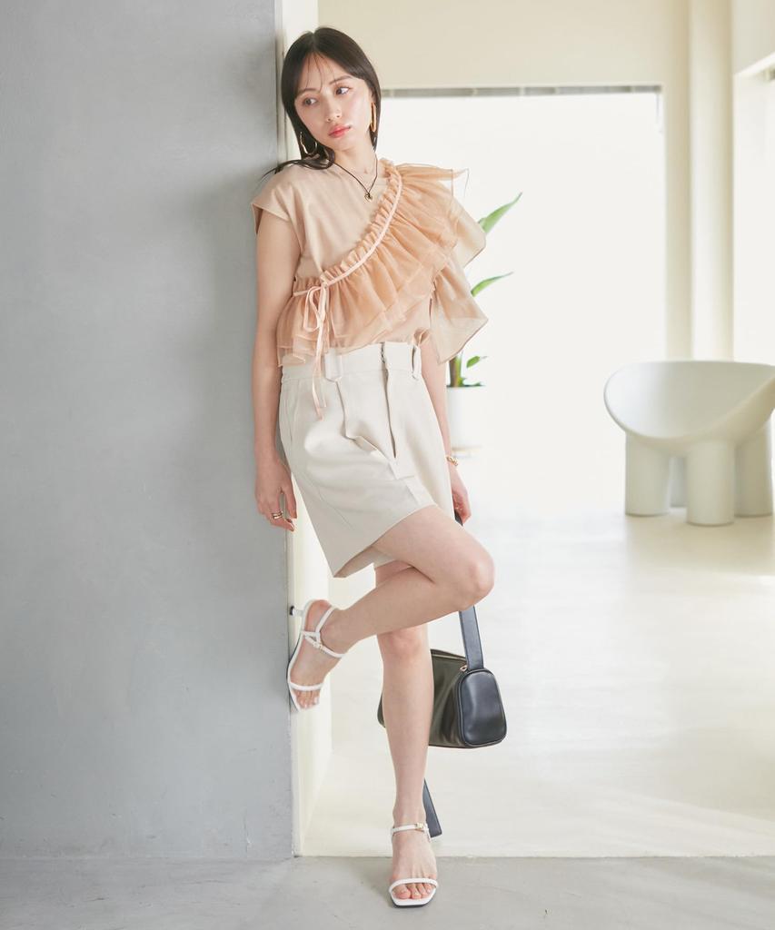 Beige Frilled Docking Pullover with Sash [BIS] Women's T-Shirt (Set) (27)