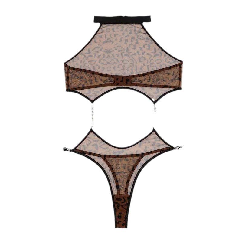 Leopard Print Sexy Lingerie Set: Flirty Hollowed Bodysuit for Nightclubs