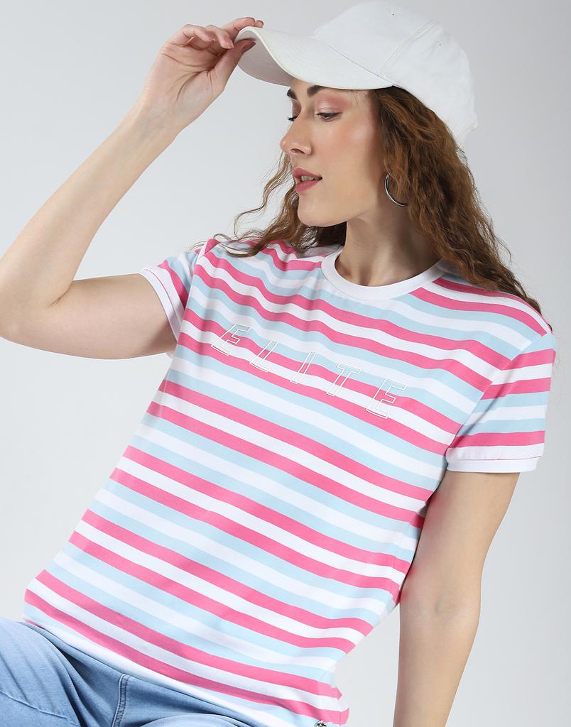 MONTE CARLO Women's Oversized Round Neck Striped Half Sleeve Top