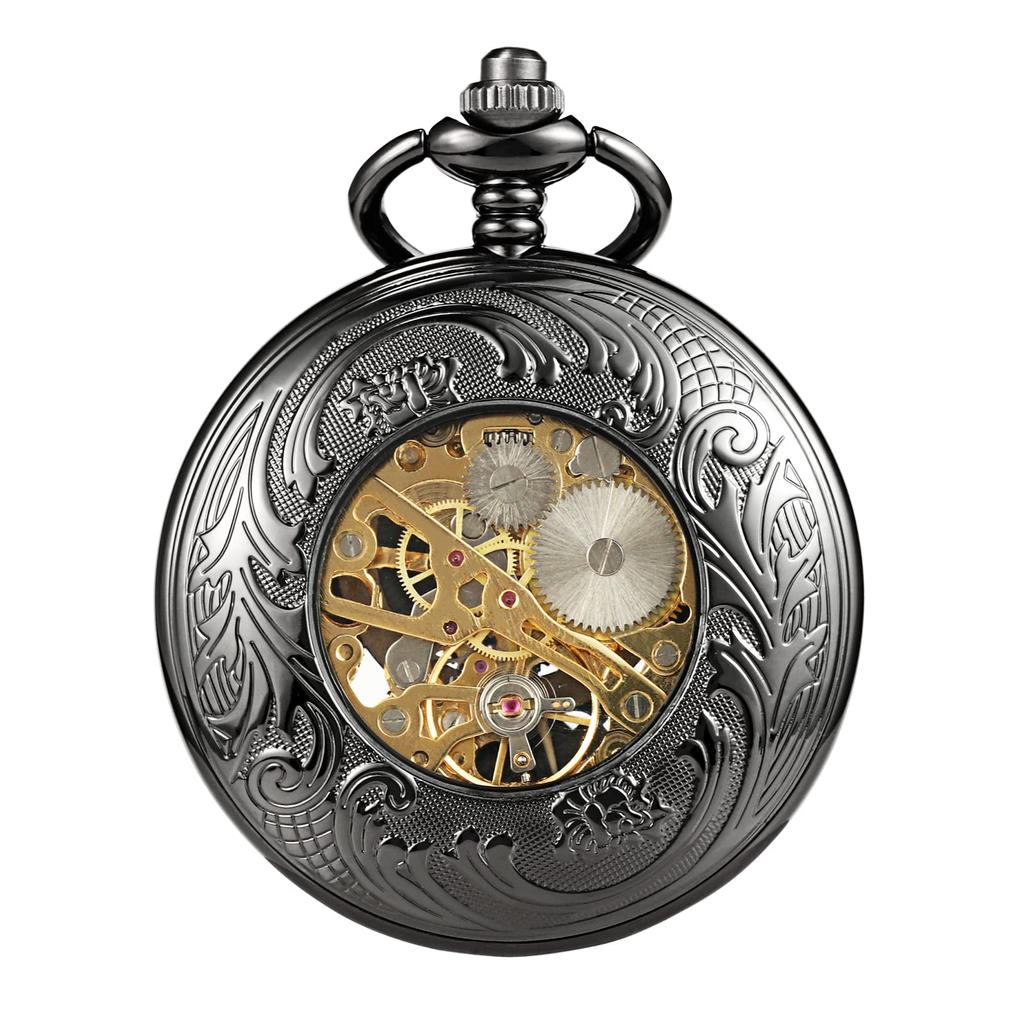 TREEWETO Mechanical Pocket Roman Moon and Sun with Chain and Gift Watch, Black, Numerals, Design, Box.