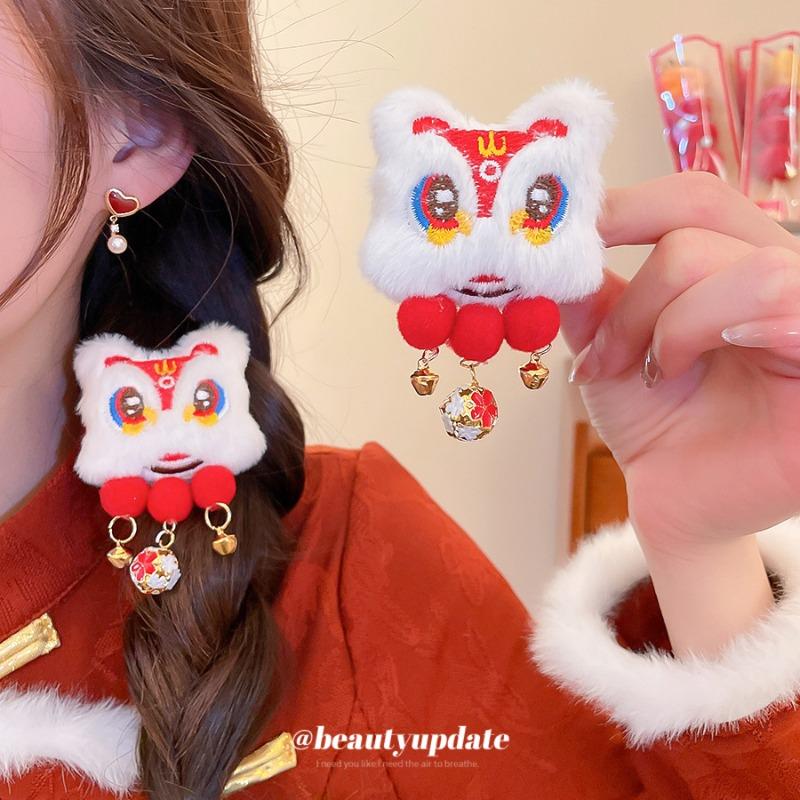 New Year's Flocking Lion Tassel Hairpin Guochao Chinese Red Personality Duck Bill Clip Hairpin Light Luxury High-end Hair Accessories Women