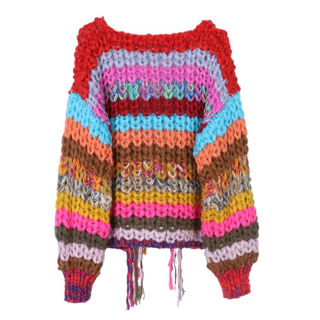 Retro Regenbogen Farbblock Damen Cardigan Pullover - Langärmlig, Dick gestrickt für Herbst/Winter