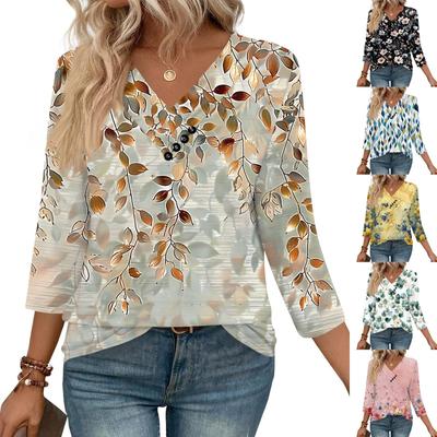 Damen Print Top Knöpfe V-Ausschnitt T-Shirt 3/4 Ärmel Locker Mode Top