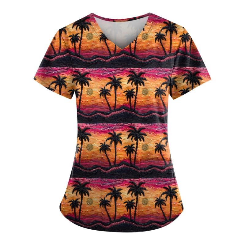 V-Neck Short Sleeve Nursing Scrub Top Women Fashionable Casual Workwear With 3D Print Design Slim Fit 2025 Collection
