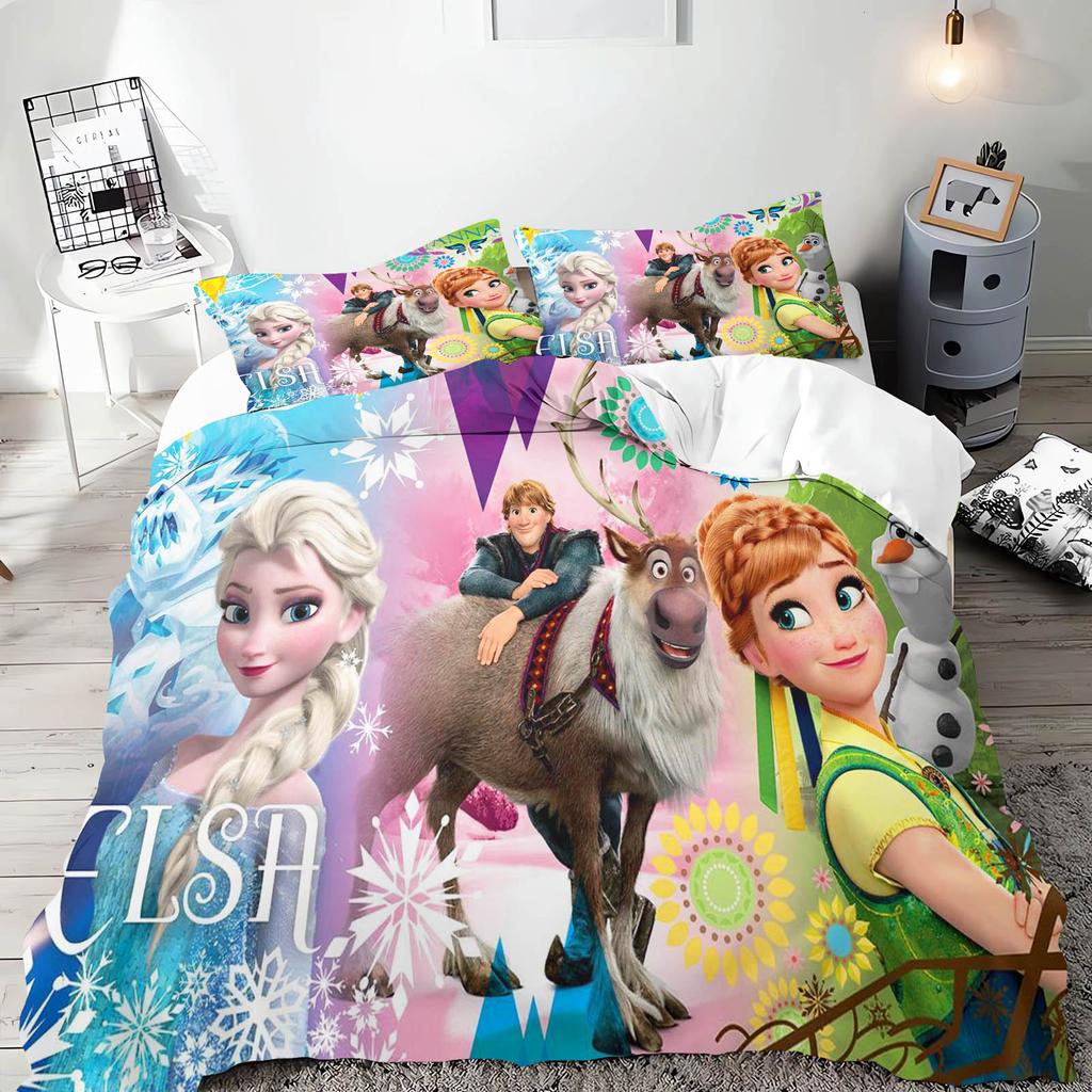 Frozen Princess Elsa and Anna Anime Duvet Cover Set Comforte Printed Cartoon Twin Size Bedding Sets Christmas Gifts 3-piece