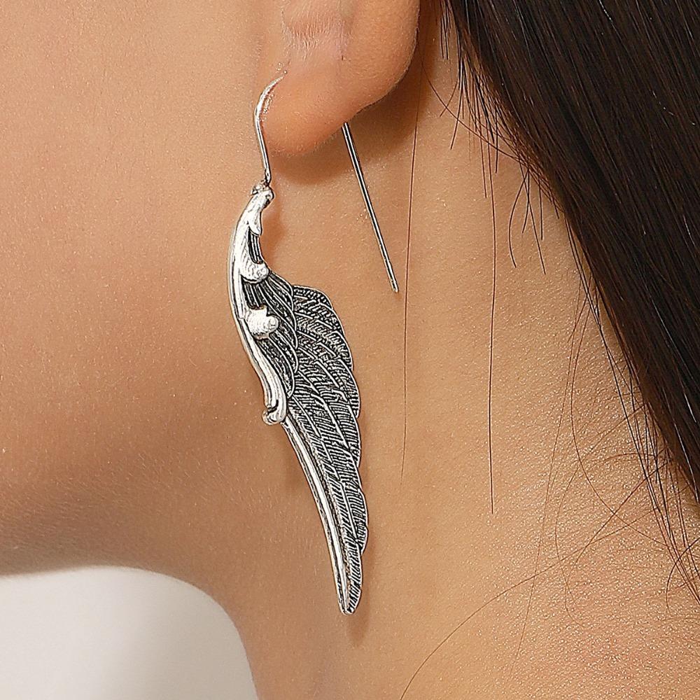 Fashion Retro Inlay Zircon Ancient Silver Feather Texture Angel Devil Wing Pendant Dangle Earrings for Women Gothic Punk Jewelry