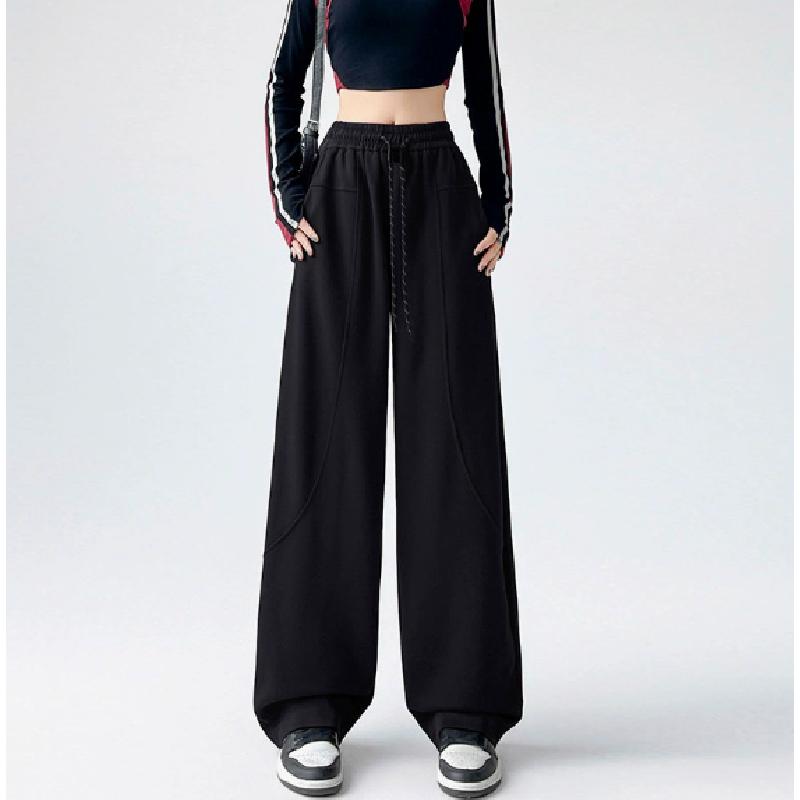 Curved Hem Women'S Fall/Winter Fleece-Lined High-Waisted Drawstring Straight Banana Sweatpants With Draped Effect And Narrow Wide Legs