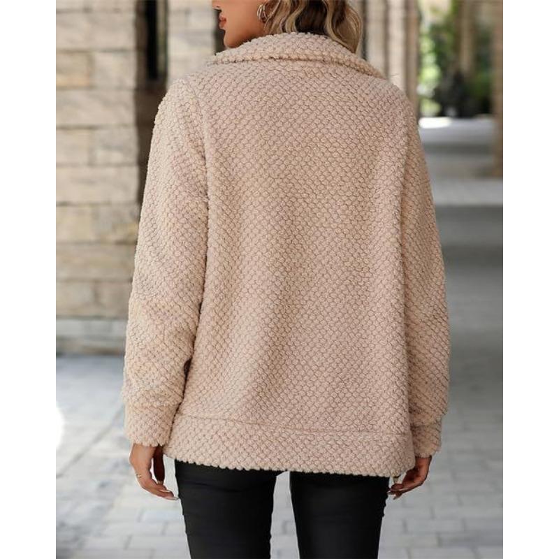 Women S Loose Casual Plush Coat With Pockets Lapel Zip Up