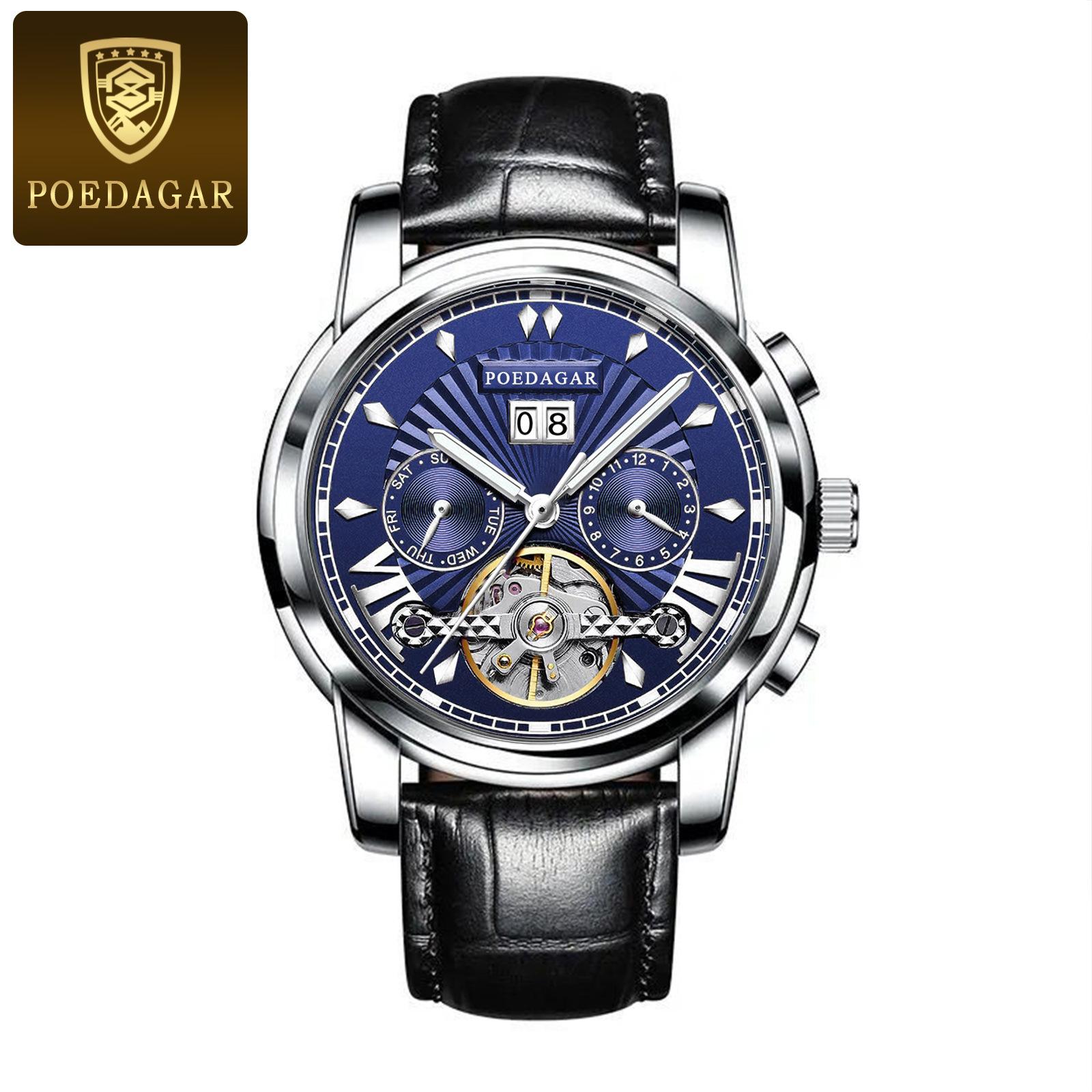 

POEDAGAR National Top Brand Men s Automatic Watch Multifunctional Waterproof Luminous Fashion Wristwatch P1401Silver case with blu