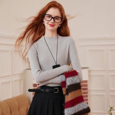 Bailuyu Damen Gerippter Strickpullover mit halbhohem Kragen aus Wollmischung