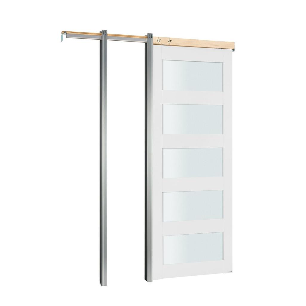 Sliding Pocket Door, 915 x 2035 mm, 5-Lite Frosted Glass Single Sliding Door with Hardware Kit, Sturdy Solid Wood & MDF Pocket Doors Slab with