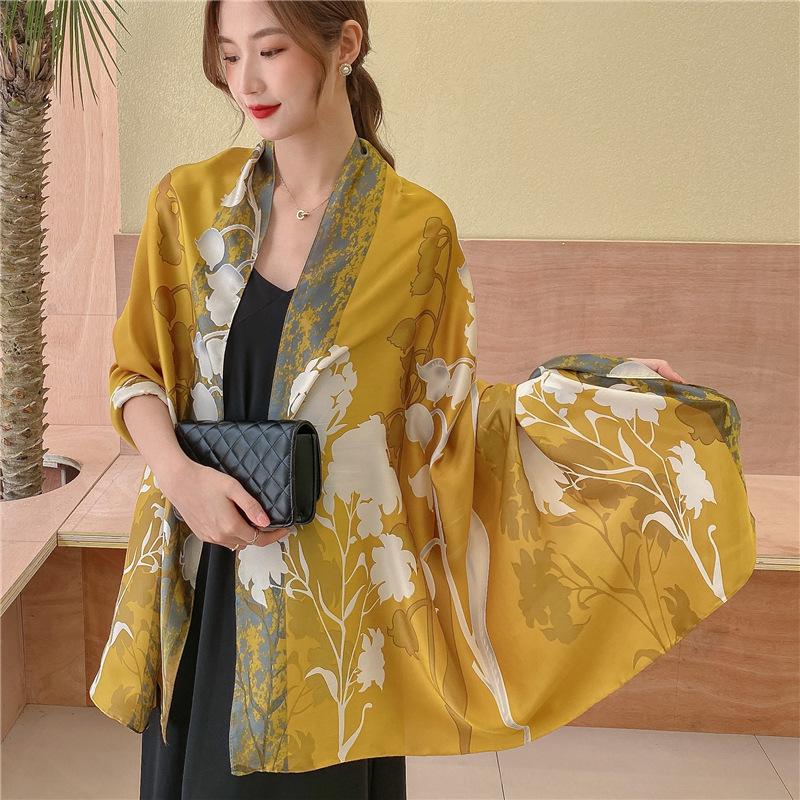 Travel encrypted headscarf simulation silk new size brocade scarf li flower shawl shawl summer sun protection elegant big