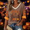 Women's Casual V-Neck Three-Quarter Sleeve Top with Halloween Print for Holiday Parties