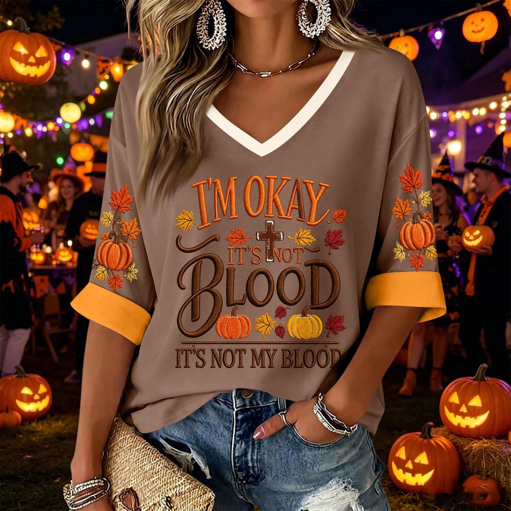 Women's Casual V-Neck Three-Quarter Sleeve Top with Halloween Print for Holiday Parties