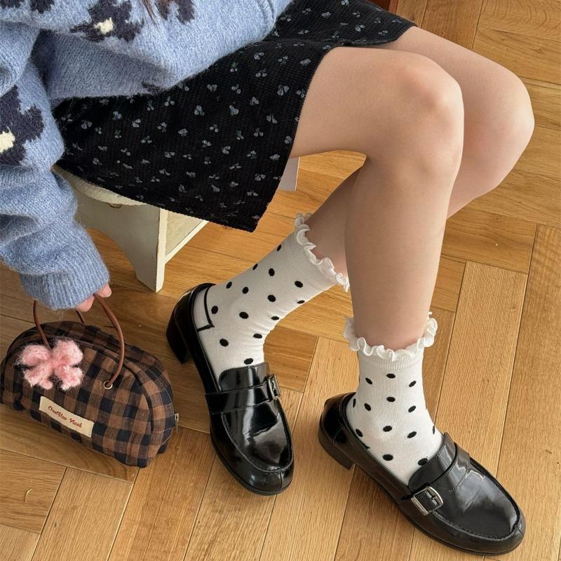 2 Pairs of Sweet Lace-trimmed Boneless Mid-calf Socks, Spring and Summer Polka Dot White Socks, Simple Women's Socks