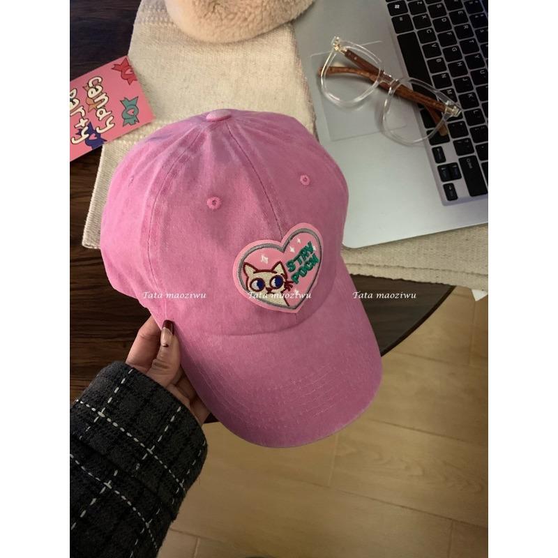 Pink Love Baseball Cap for Women Korean Style Big Head Cap Soft Top Cute Cat Hat Trendy Face