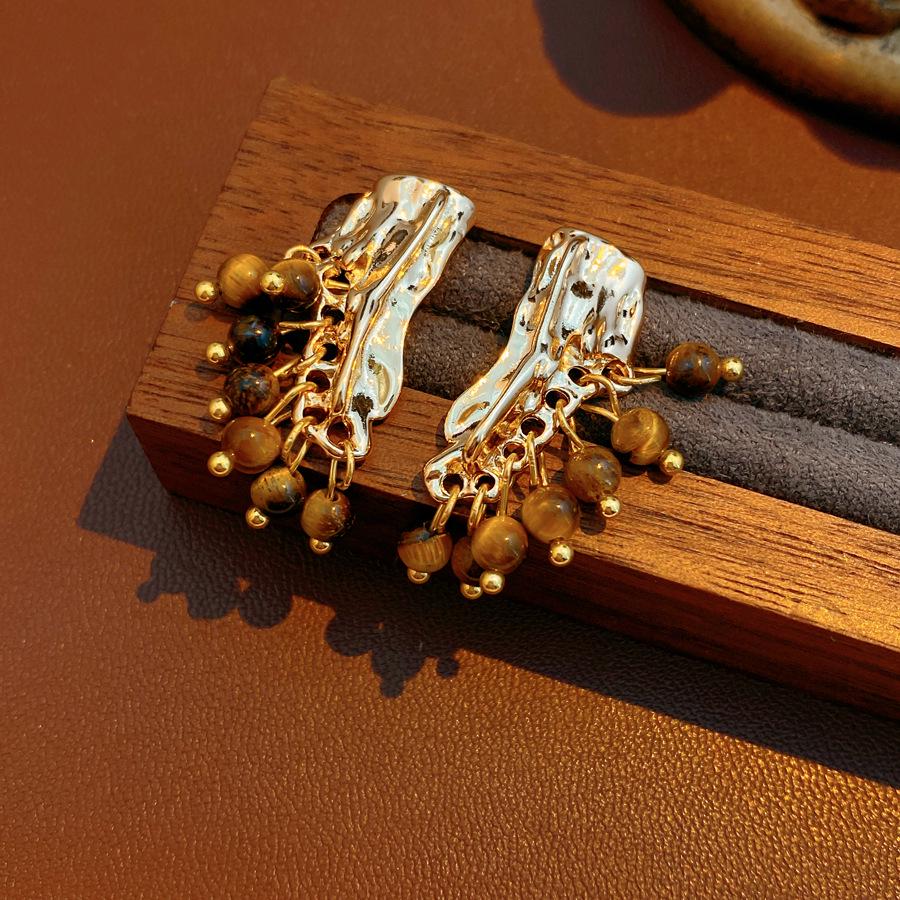 Винтажные серебряные серьги-кисточки с тигровым глазом - Высококачественные ретро гвоздики с плиссированным дизайном