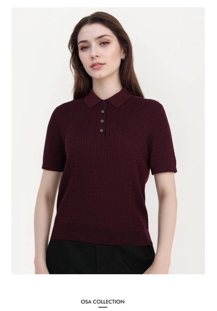 Women's Retro Flower Button Knit Polo Top - Machine Washable Wool, Short Sleeve, Lapel Collar for Autumn/Winter