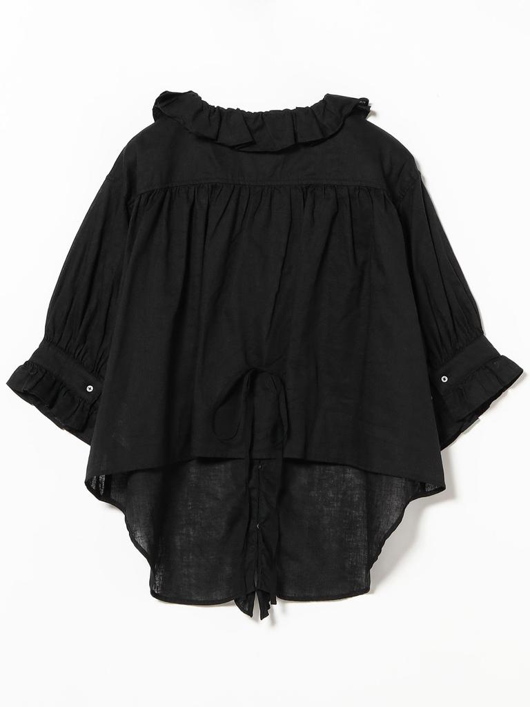 Beams Boy Short Sleeve Cotton Linen Shirt with Ruffles and Gathered One Size Women's Trim, Black,
