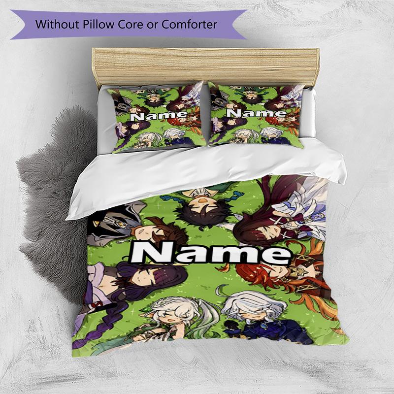 3pcs Duvet Cover Set (1*Duvet Cover + 2*Pillowcase, Without Core), Custom Name Genshin Impact Pattern Bedding Set, Home Bedroom Decor Gift