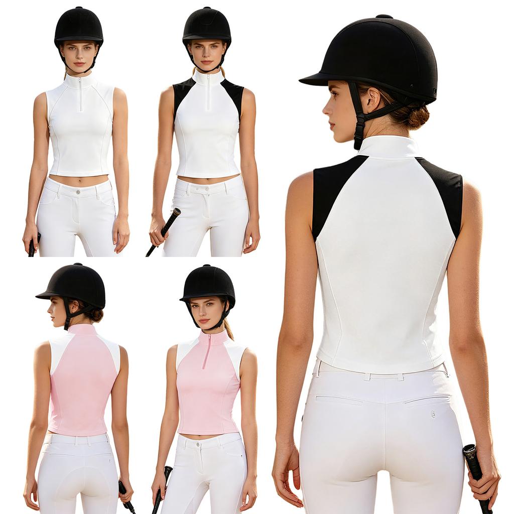 Sleeveless Zip Stand Collar Quick Dry Vest for Women Color Block Horse Riding Tank Top for Golf Tennis Equestrian Sport