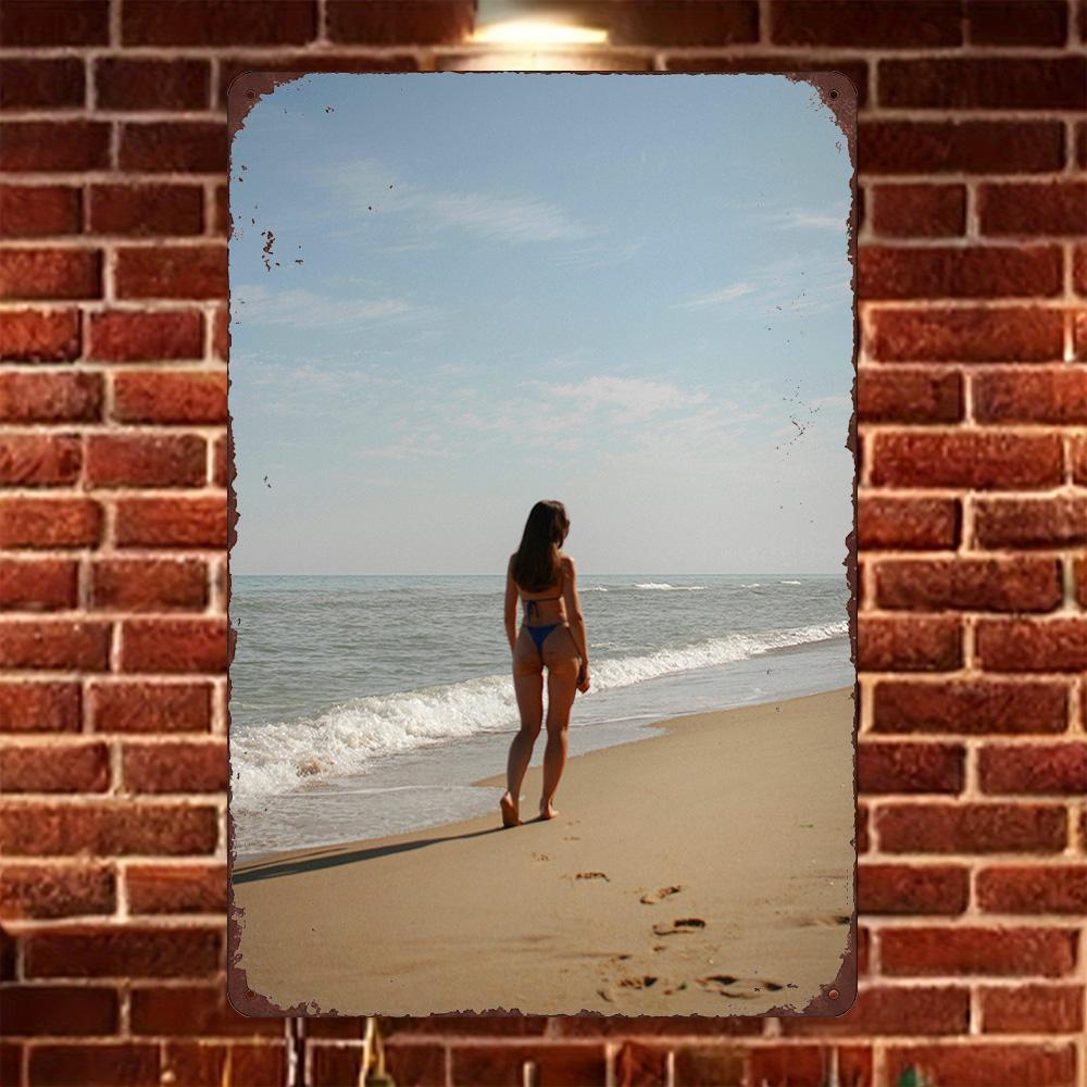 

HD Tin Sign White Bikini Girl with Flower Headband in Ocean Wall Decor Vintage Coastal Beach Scene Metal Poster for Home Bar D 20x30cm（7.8x11.8inch）