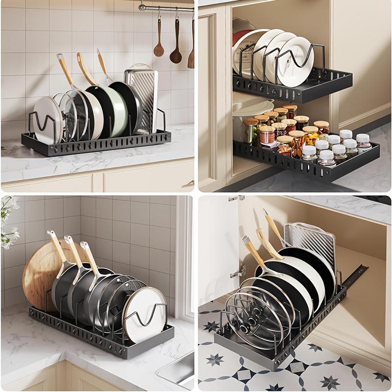 Pull Out Pot Lids Organizer Rack, 2pcs Pots and Pans Organizer for Under Cabinet, Pot Lid Holder with 8 Adjustable Compartment for Kitchen Cabinet