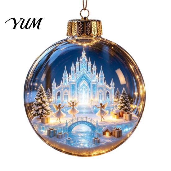 Transparent Christmas Tree Decor 3D Acrylic Faux Crystal Ball Ornament, Lighted Reindeer Sleigh Luminous Ornaments Snow Scene Hanging for Tree,