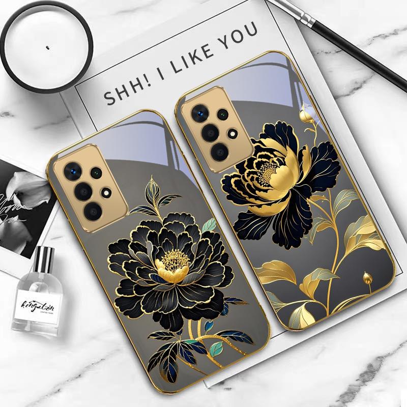 Black Gold Peony Flower For Samsung A 01 52S A04 A05S A10 A12 13 22 23 24 36 42 M02 Note 10 20Ultra 8 9 Golden glass phone case
