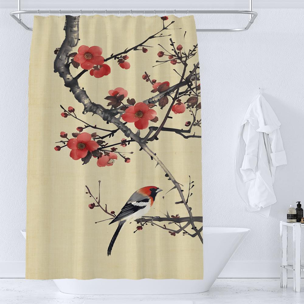 1 Pc The Japanese Plum Blossom Bird Print Shower Curtain With Hooks Modern Polyester Shower Curtain Bathroom Decoration Curtain