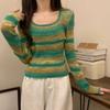 Square-neck Striped Long-sleeved Knitted Base Layer, A New Slimming and Form-fitting Short Top for Women In Autumn and Winter