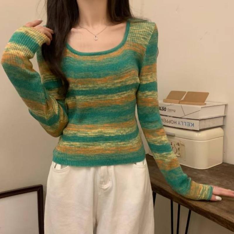 Square-neck Striped Long-sleeved Knitted Base Layer, A New Slimming and Form-fitting Short Top for Women In Autumn and Winter