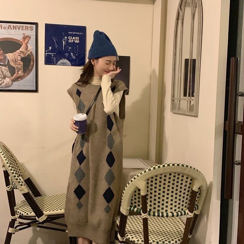 Temperament Knitted Long Sweater Vest Skirt for Women In Autumn Winter Korean Style Age Reducing Slimming Dress Spring New Style