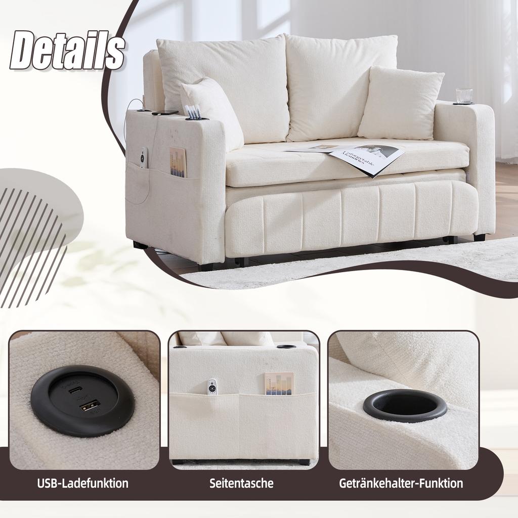 Multifunctional Sofa, Folding Sofa, Usable as Sofa or Bed, Storage Pockets on Armrests, USB Charging Function and Drink Holders (Beige Chenille)