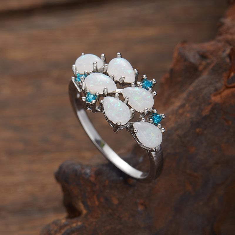 Huajie Women's Colorful Stone Blue Zirconia Teardrop Rings Elegant Delicate Banquet Retro New Ring  Fashion Tide