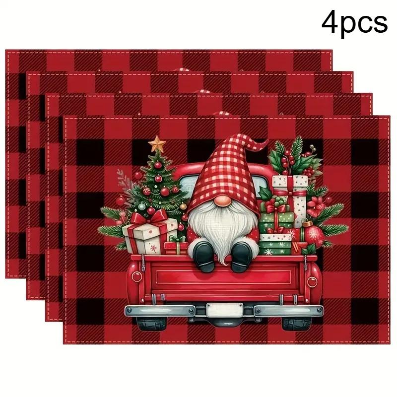 

4/6pcs Christmas Plaid Gnome Truck Red Black Plaid Santa Claus Placemats Everyday Holiday Decor for Home Kitchen Restaurant
